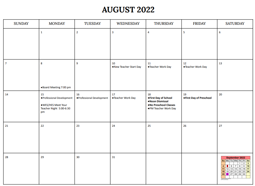 August School Calendar 2022